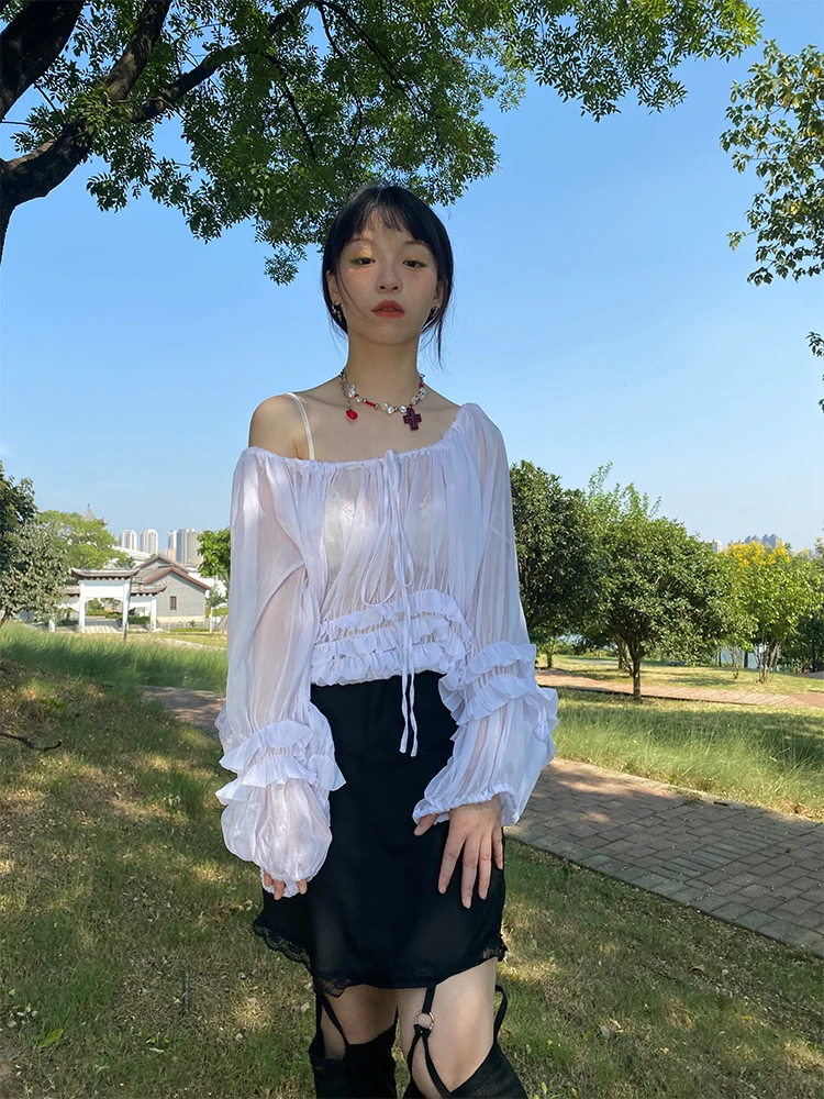 

Синий оригинальный дизайн, полупрозрачный плиссированный свободный утягивающий универсальный топ в стиле ретро Lazy Sle Dstring для женщин