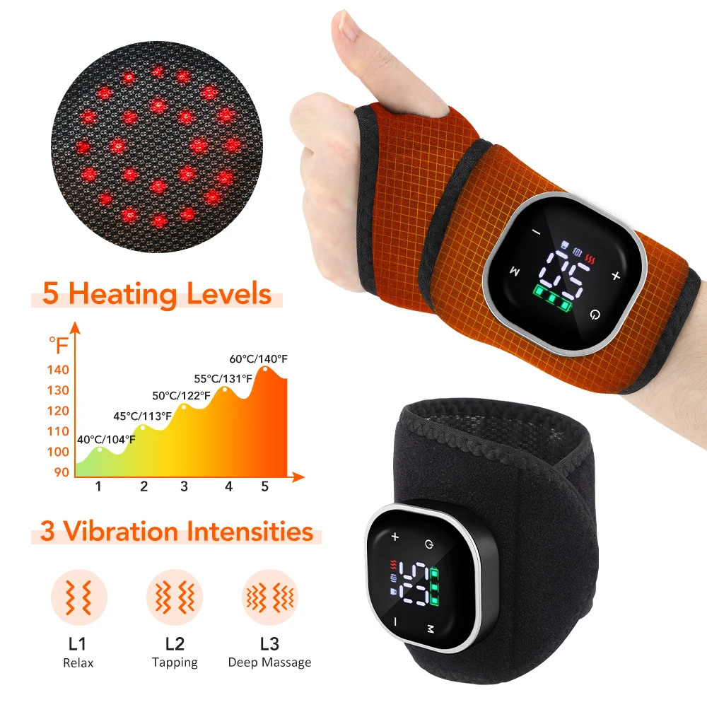 heated-wrist-massager-5-levels-40-60-°-c-and-vibration-3-modes-24-red-leds-wireless-2000mah-digital-display