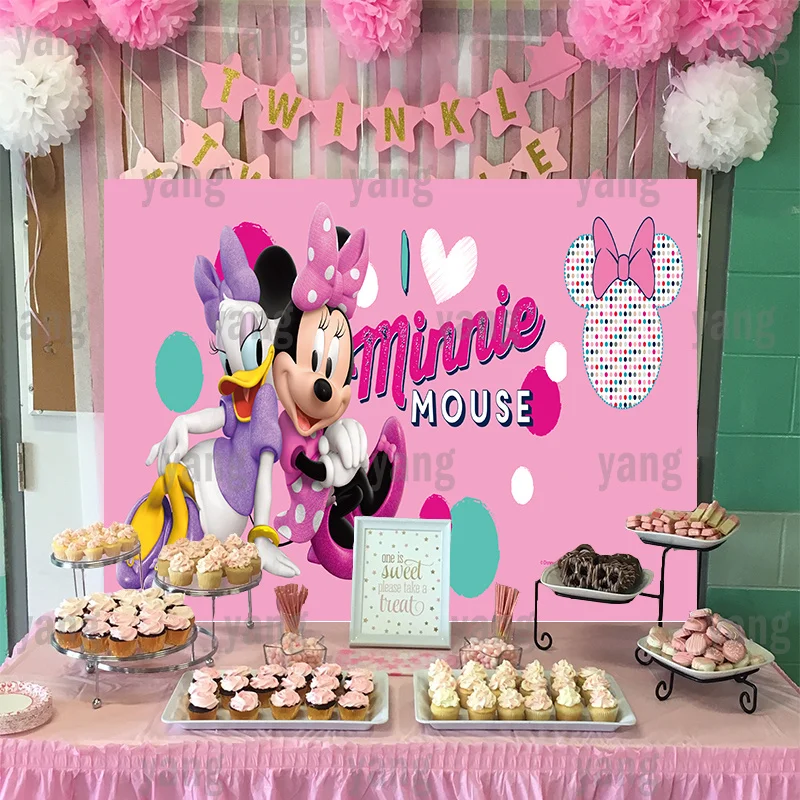 Disney Cartoon Lovely Minnie Mouse And Daisy Bow Tie Pink Love Heart Backdrop Birthday Party Decoration Photography Background