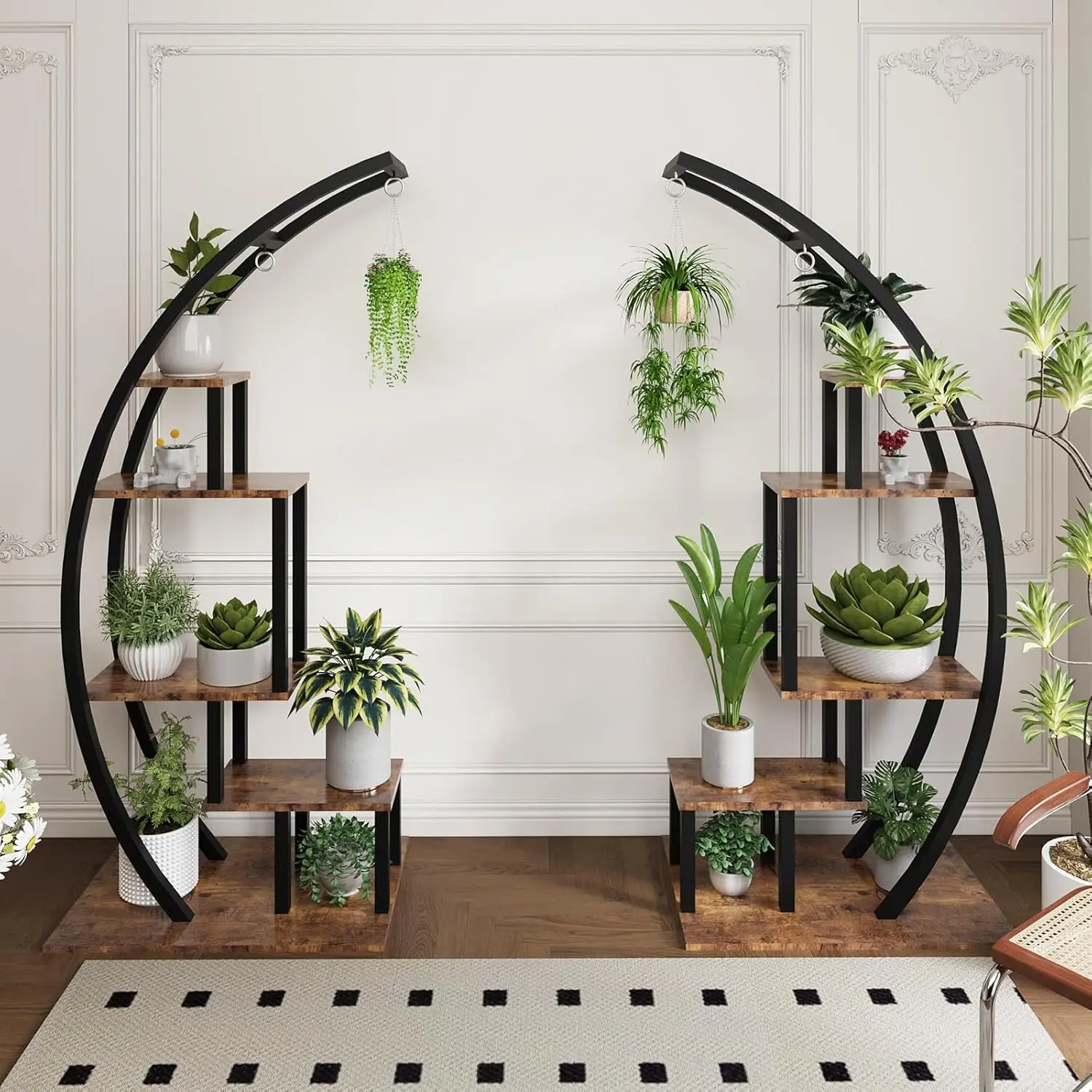 Half‑Moon Plant Stand Indoor, 5‑Tier 56 Inch Tall Curved Large Plant Shelf with Hanging Hooks, Metal Wood Plant Display Rack for Living Room Patio Balcony image 2