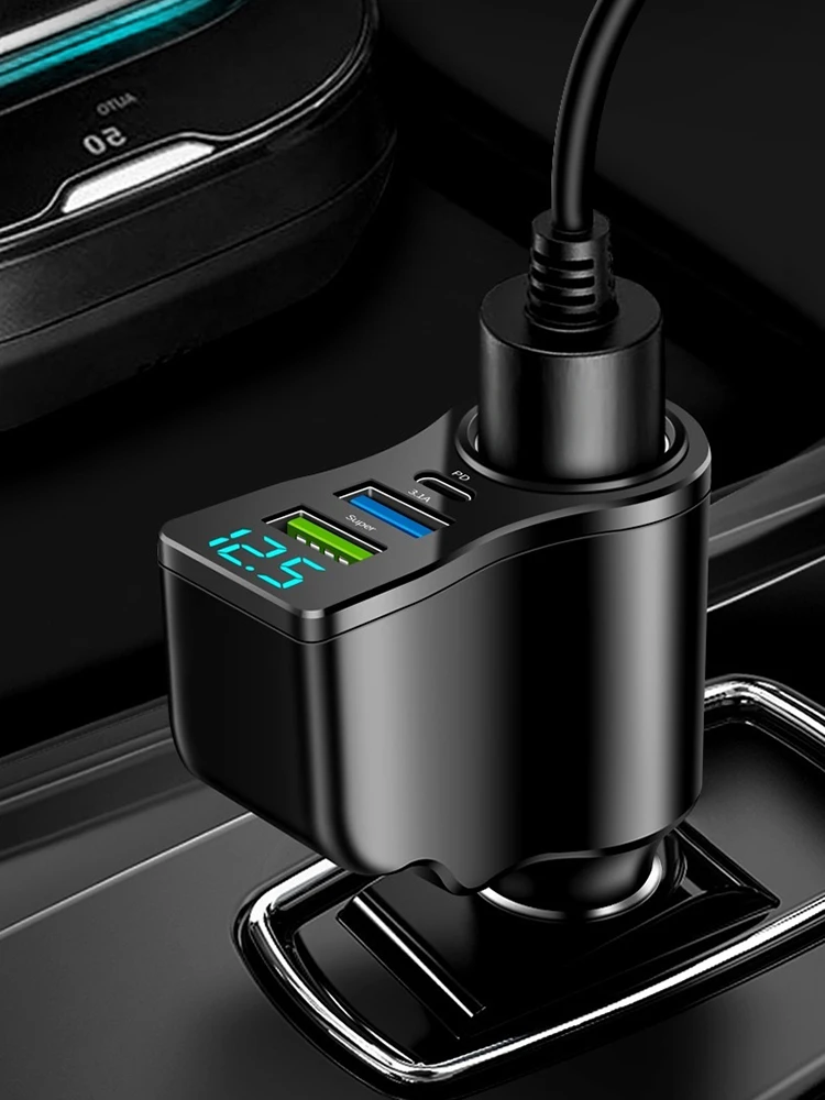 Neues digitales Display Auto-Schnellladegerät Dual-USB-Autoladegerät Auto-Eins-zu-Drei-Zigarettenanzünder 66W Multifunktionales Autoladegerät