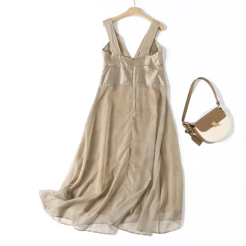 فستان جيني آند ديف الصيفي للنساء الحد الأدنى الشمبانيا أنيق بدون أكمام فستان بدون أكمام ورقبة على شكل حرف v فساتين سهرة