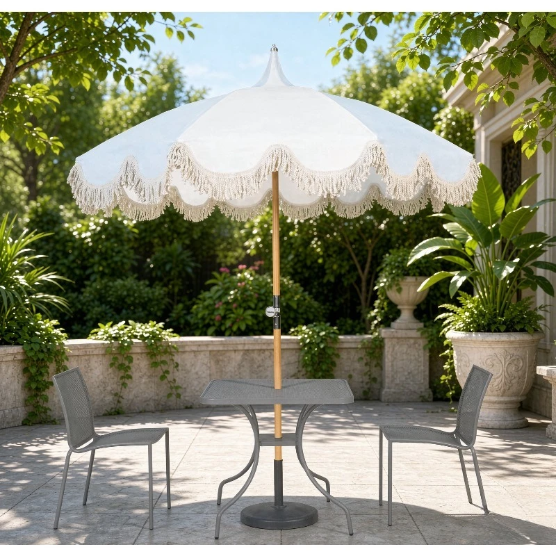 6.5ft Beach Umbrella with UPF 50+ Wood Pole Foldable Tassel Carry Bag for Outdoor Garden Lawn Pool Yard