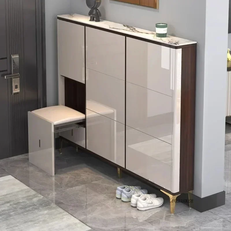 

Customizable Ultra-thin Luxury Shoe Rack with Folding Shoe Changing Stool Home Furniture Storage Entrance Hallway