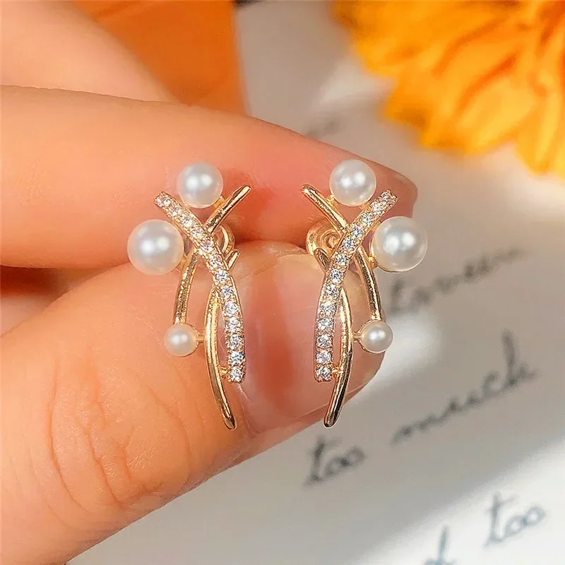 New Cross Line Simulated Pearl Earrings for Girls Fresh Gold Color Ear Piercing Women Accessories Daily Wear Delicate Jewelry