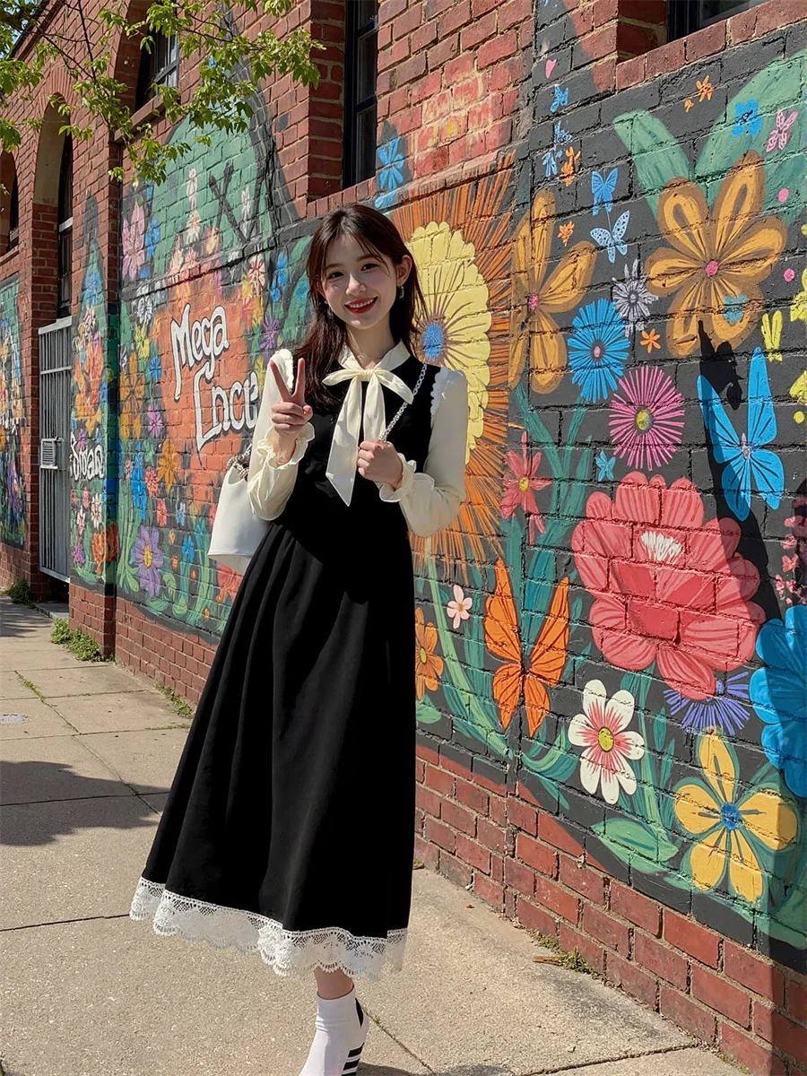 

Женские платья, черные трапециевидные лоскутные платья, осень-весна, чистый квадратный вырез, великолепная макси-молния, украшенная рюшами, Fairycore Oversize