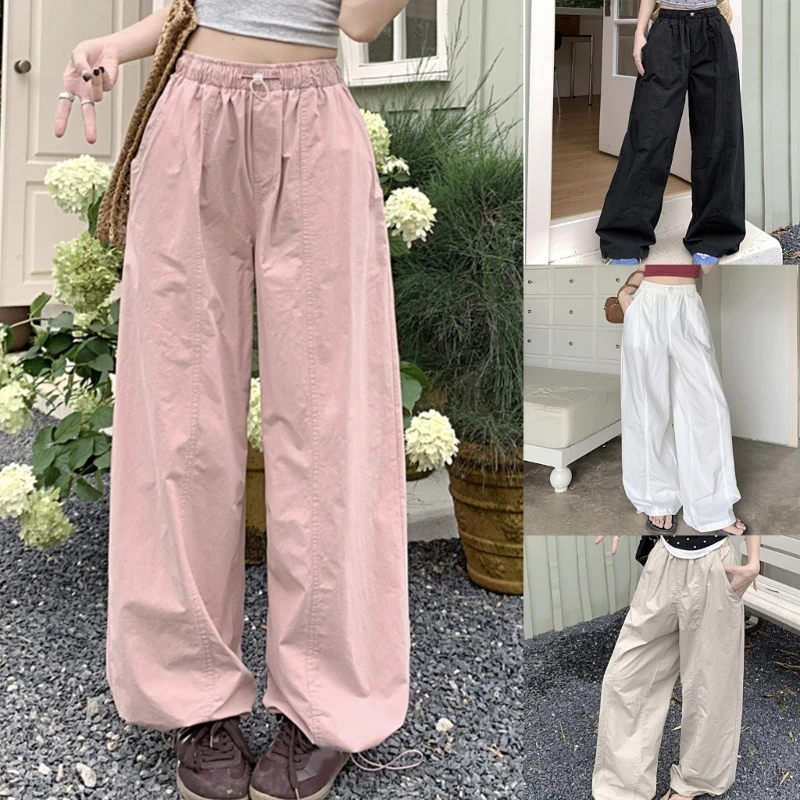 

Women Vintage Parachute Pant with Pockets Drawstring Wide Leg Cargo Trousers Women Vintage Parachute Pant with Pockets