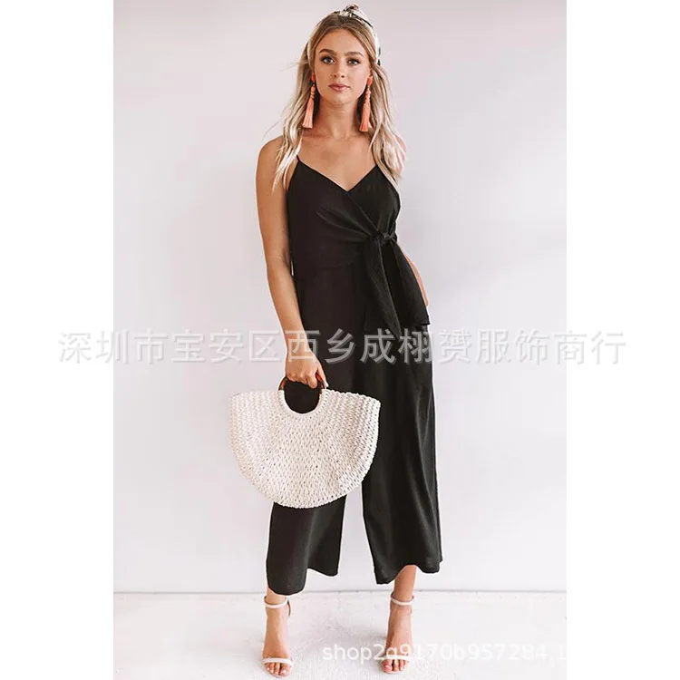 

2025 Spring/Summer New Solid Color Wide Leg Strap, Off Shoulder, Sexy And Loose Nine Part Jumpsuit