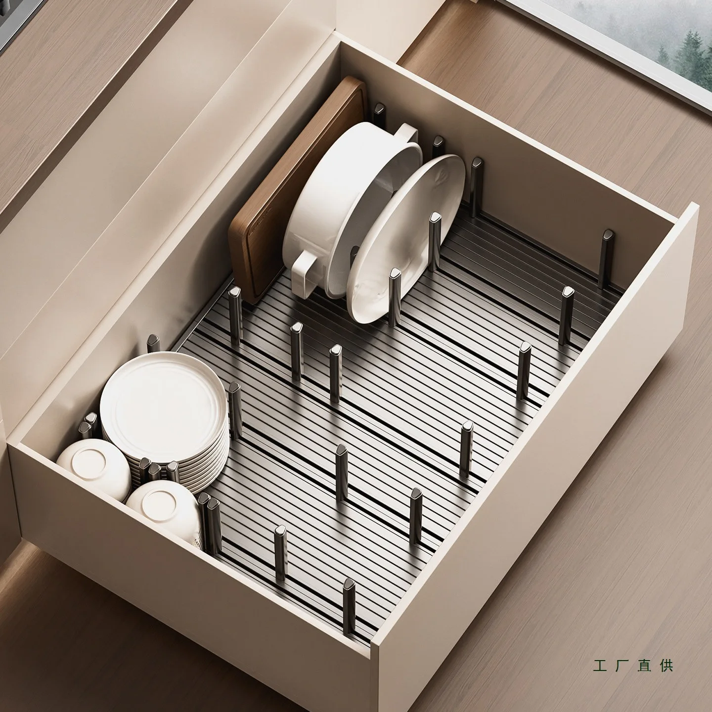 divided drawers, built-in stacking dish racks, dishes and chopsticks drain, dish racks, dishes and plates storage racks