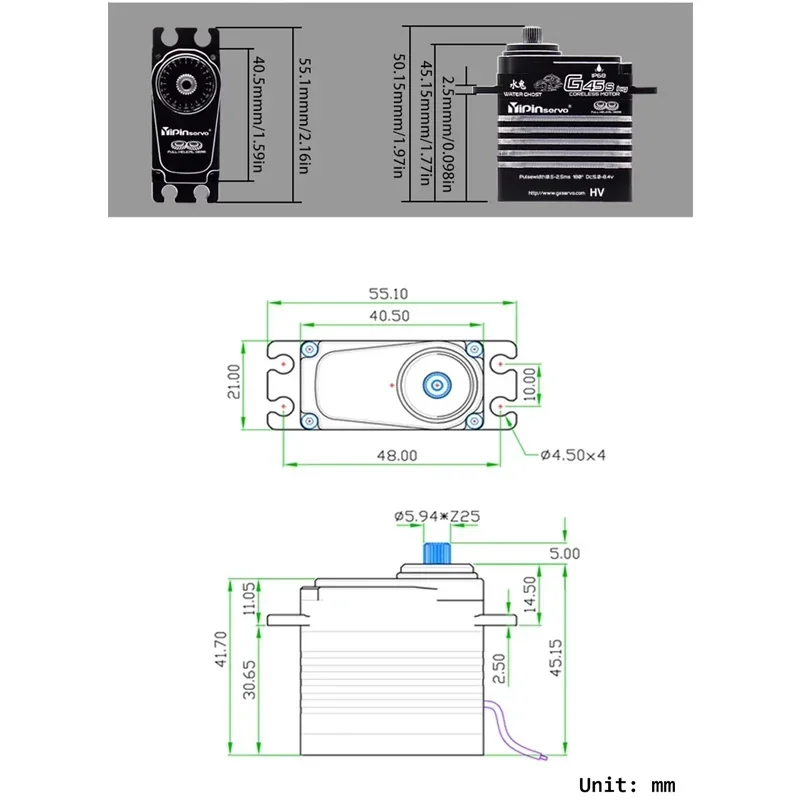 45kg High Torque Digital Servo, Waterproof Brushless Motor, 180/270/360-Degree Adjustable, Suitable for RC Cars, Robot Models