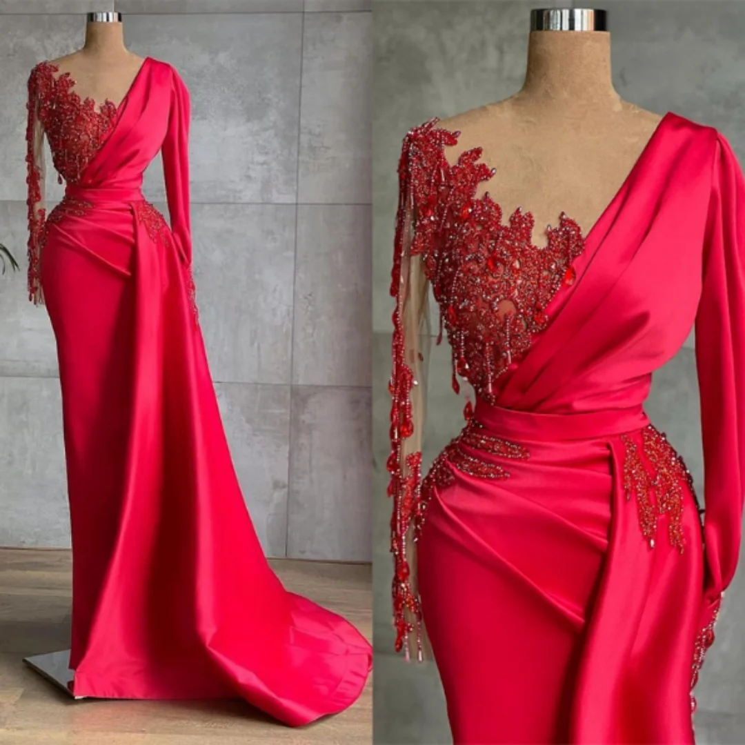 Maßgeschneiderte arabische Satin-Meerjungfrau-Abschlussballkleider mit V-Ausschnitt, Vintage-Stil, lange Ärmel, Abendkleid, Falten, Perlen, Spitze, Dubai, Damen-Partykleider