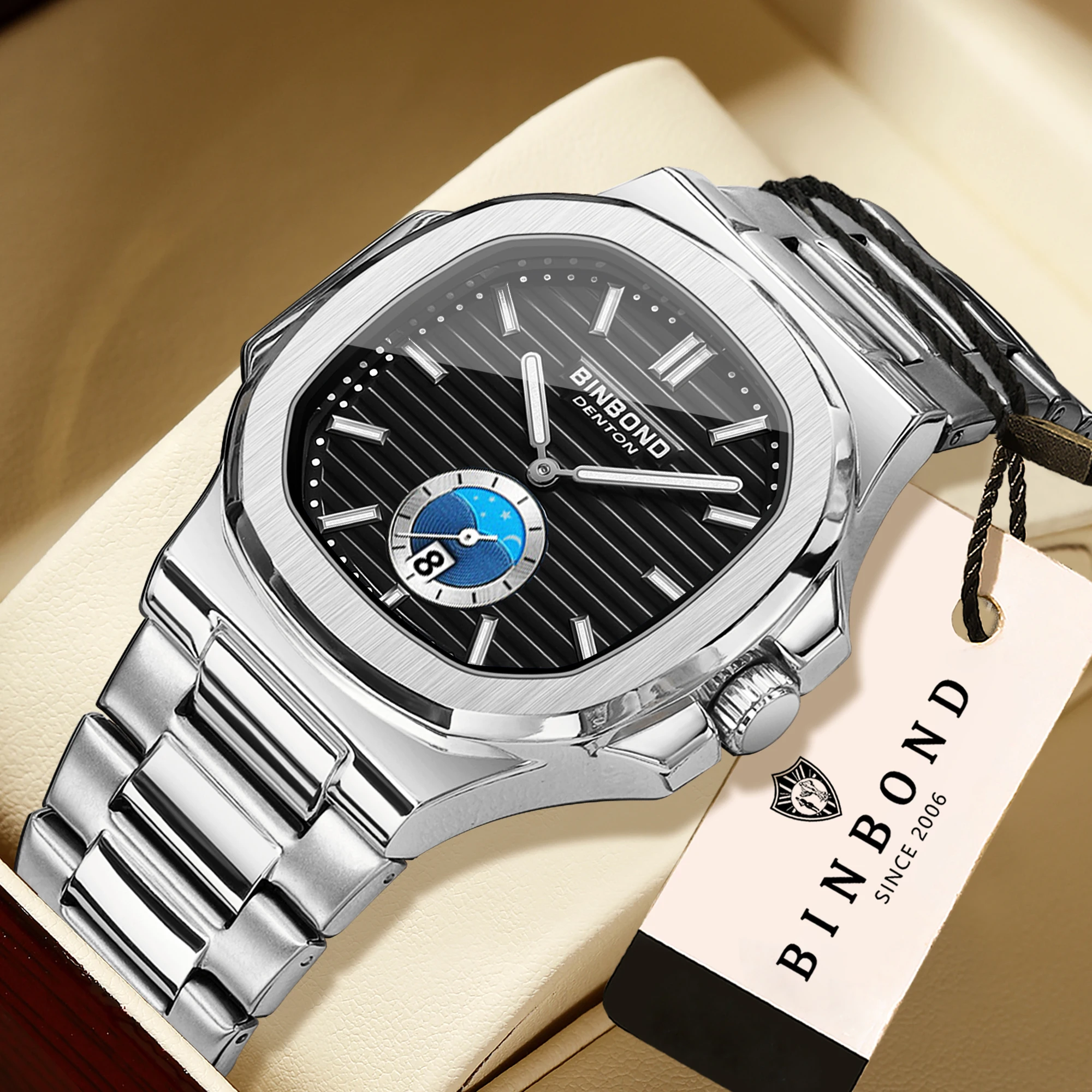 BINBOND Day And Night Stainless Steel Strap Quartz Wristwatches For Men Luxury Luminous Waterproof Men's Watch Casual Reloj
