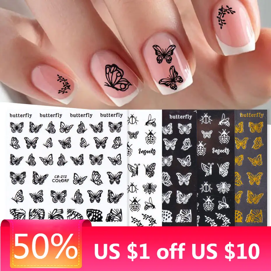 1 Sheet Nail Art Stickers Black White Gold Silver Butterfly Adhesive Nail Art Decoration Ladybug Bee Flowers Leaves Nail Decals