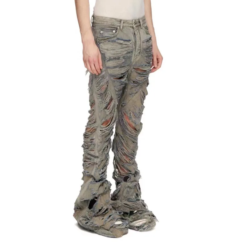 HKSH Spring New Man Tide Double Stitch Holes Ripped Distressed Wide Leg Vintage Denim Pants Frayed Hem Flared High Waist HK10421