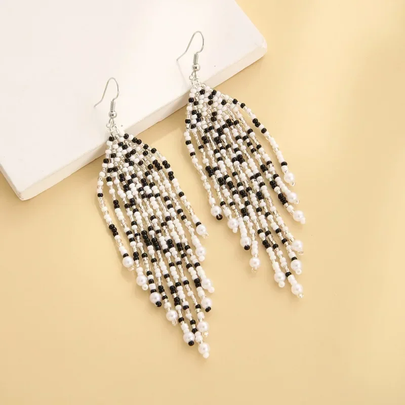 Rice bead earrings Tassel Black and white Originality Geometry Design Hand knitting Bohemia Alloy Fashion Simple Beaded earrings image 3