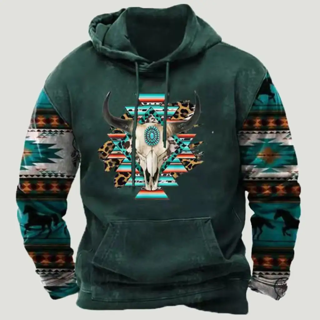 Vintage Western Denim Men\'s Hoodie 3D Ethnic Style Print Hoodies Men Women Fashion Casual Sweatshirt Pullover Oversized Clothing