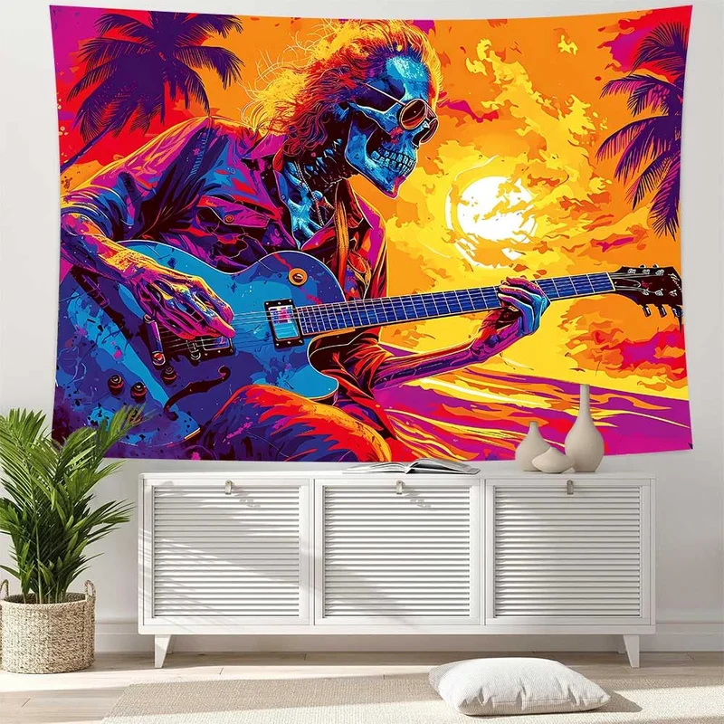 VIKAMA Skeleton Guitar Tapestry Colorful Neon Sunset Palm Trees Rock Music Skull Wall Hanging Psychedelic Wall Art Dorm Decor