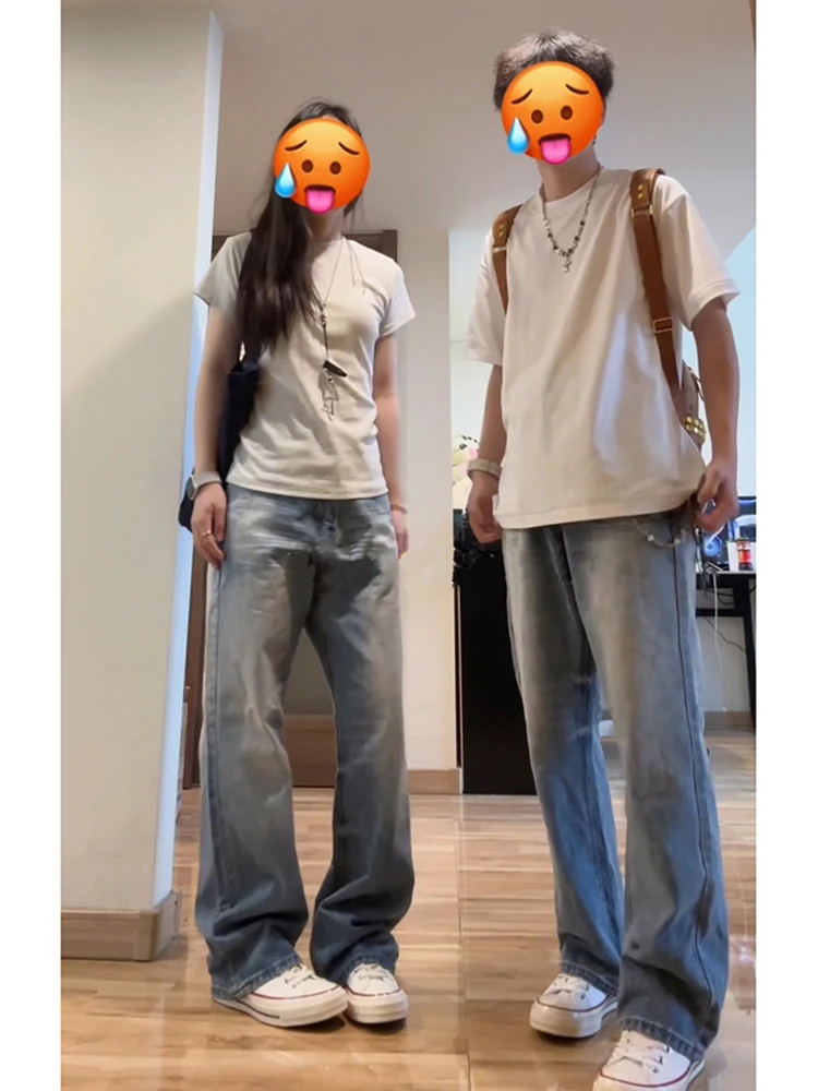 

Cleanfit Light Blue Men's Wide Leg Jeans American Vibe Waed Straight Tube Micro Flared Long Trousers Casual Youth Faion