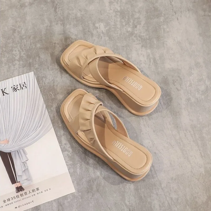 Woman Slippers Outside Sandals Wedge Heel Slides Apricot Soft Sabot Leather Shoes for Women on Offer Waterproof Natural Skin 39