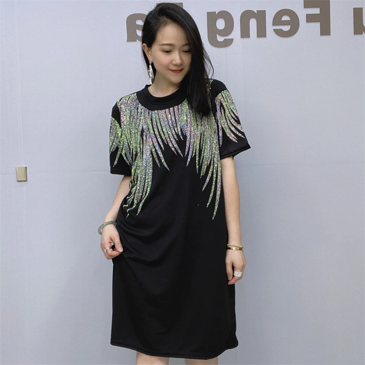 Rhinestone Graphic Plus Size Dress for Women Evening Party Elegant Women's Summer Dress Short Sleeve Loose Black T Shirt Dresses