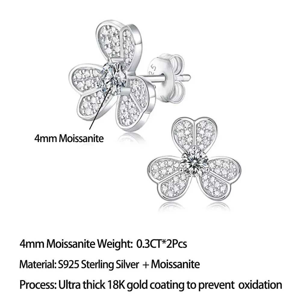 Pretty Beauty Moissanite Clover Stud Earrings for Women 925 Silver Diamond Three Petal Floral Earrings Hypoallergenic Jewelry
