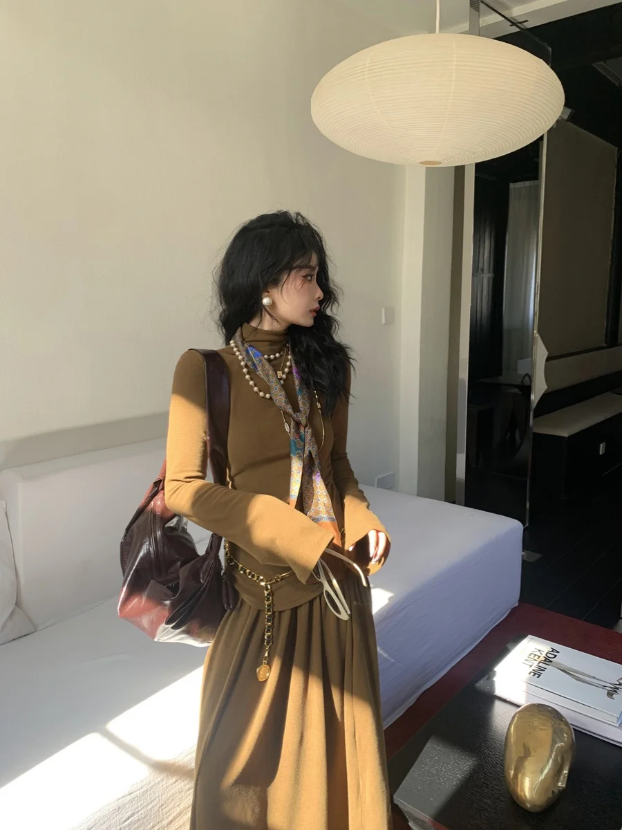 

Новая китайская женская базовая кофта с высоким воротником, осенне-зимняя, трикотажная, цвет кофе Dangdang Lanan