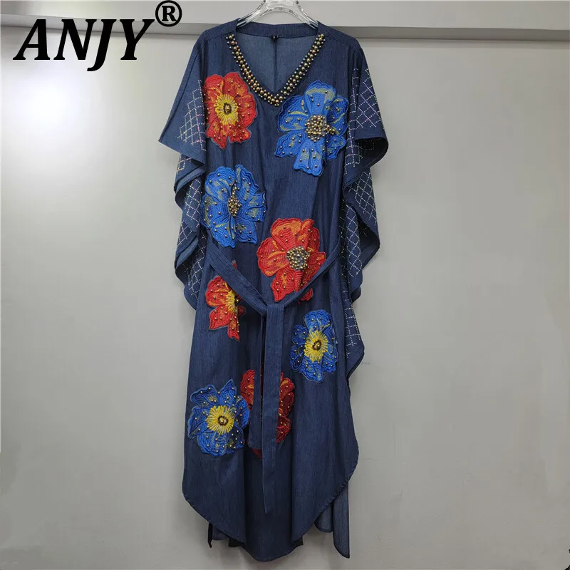 ANJY 2025 Autumn New Women's Denim Dress Loose V-neck Heavy Embroidered Flares Appliques Chic Fashionable Elegant Dresses A13911