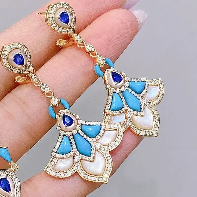 KQDANCE 925 Sterling Silver Inlay Cubic Zircon Natural Shell Pearl Fan Shape Flower Blue Turquoise Earrings For Women Jewelry
