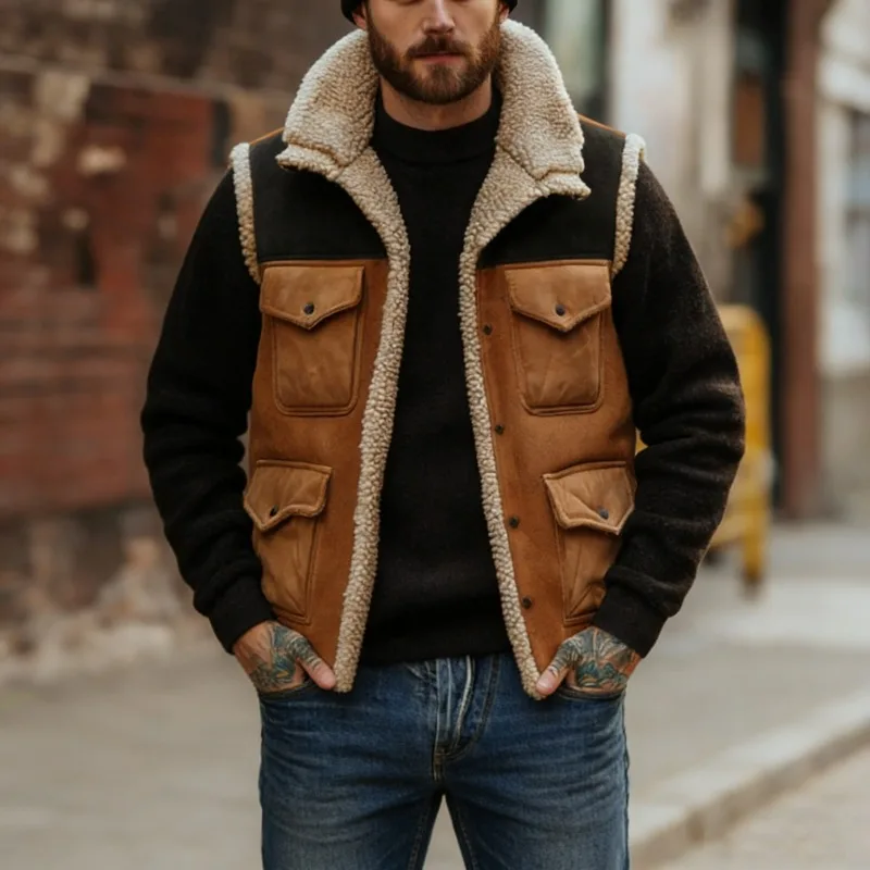 A New Cross-border European and American Men's Outdoor Retro Color Multi-pocket Patchwork Suede Casual Sleeveless Jacket Vest