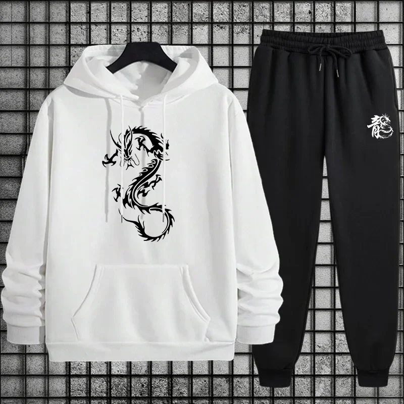 طقم بدلة رياضية رجالية من التنين الصيني بقلنسوة مريح وخصر مطاطي للركض لملابس المنزل في الخريف والشتاء ملابس دافئة غير رسمية #2