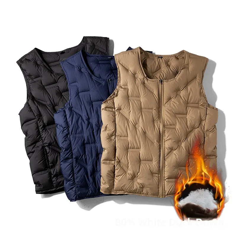 Fashionable Men's down Vest Lightweight Sporty round Neck Pure Color Autumn Winter New Style Short Jacket City Casual Outerwear