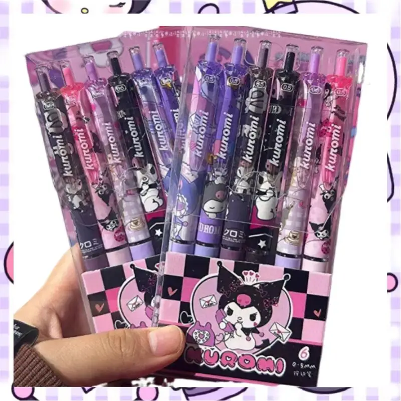 6 قطعة/المجموعة لطيف Kuromi هلام القلم 0.5 مللي متر الحبر الأسود الصحافة زر ST التجفيف السريع قلم حبر جاف للطلاب الكتابة القرطاسية هدية