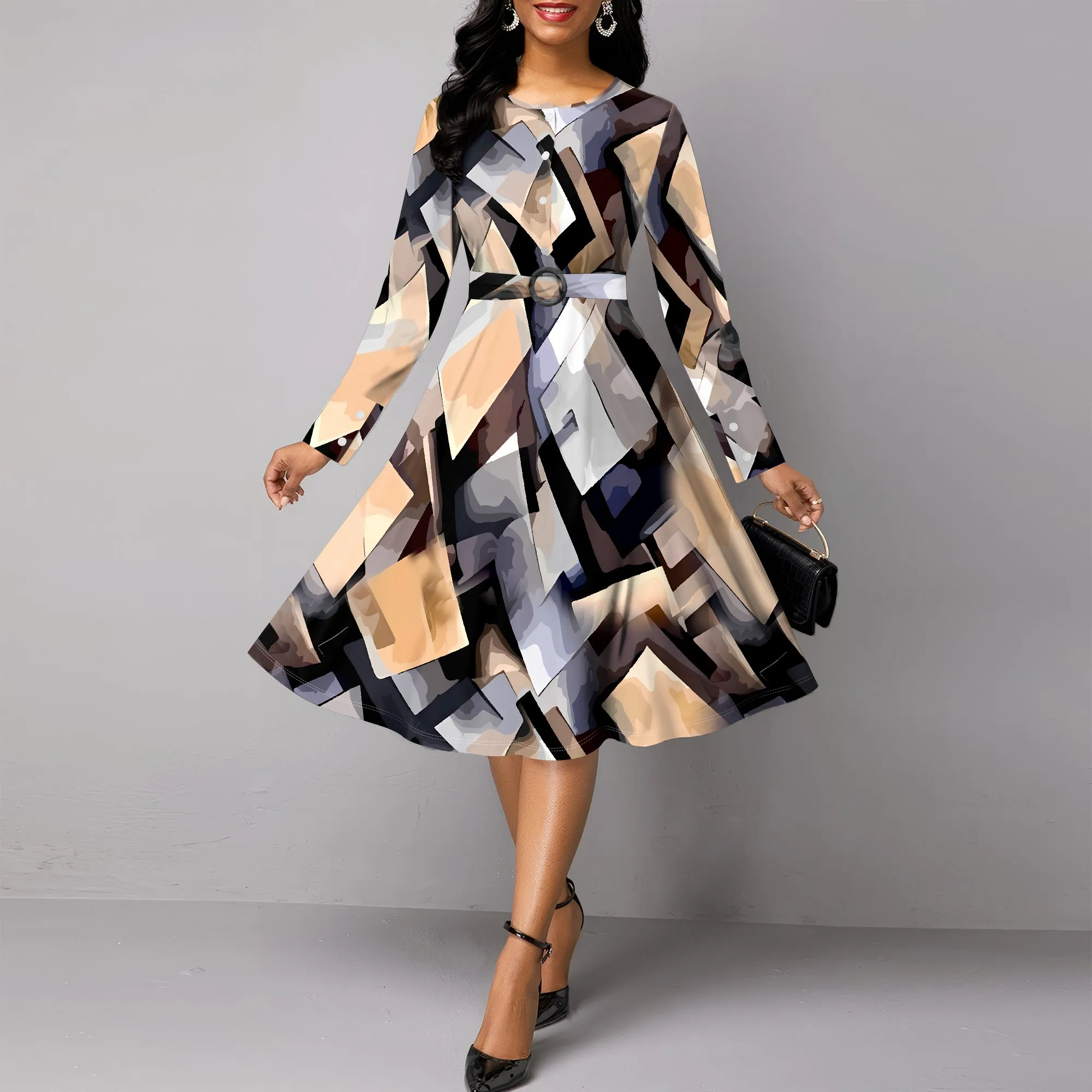 

Elegant Floral A-Line Dress With Belt Round Neck Long Sleeve Daily Wear Style