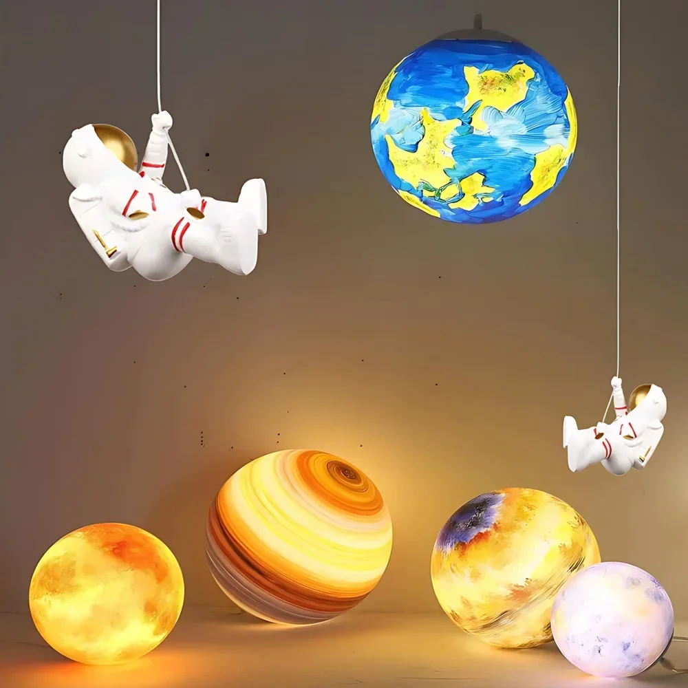 SANDYHA Modern Astronaut Chandelier Moon Lamp Luxury Cartoon Night Light Unique Kids Room Decor Bedside Bedroom Gift