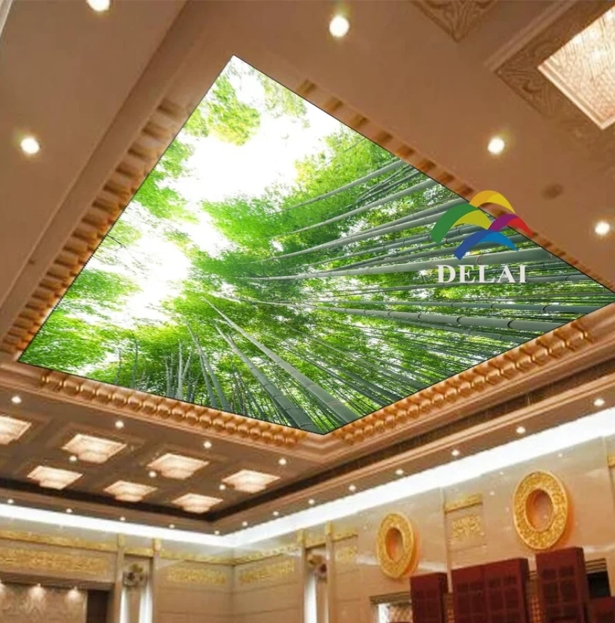 T-1602 bomboo tree printing stretch ceiling film for home decoration with led lamp between pvc films