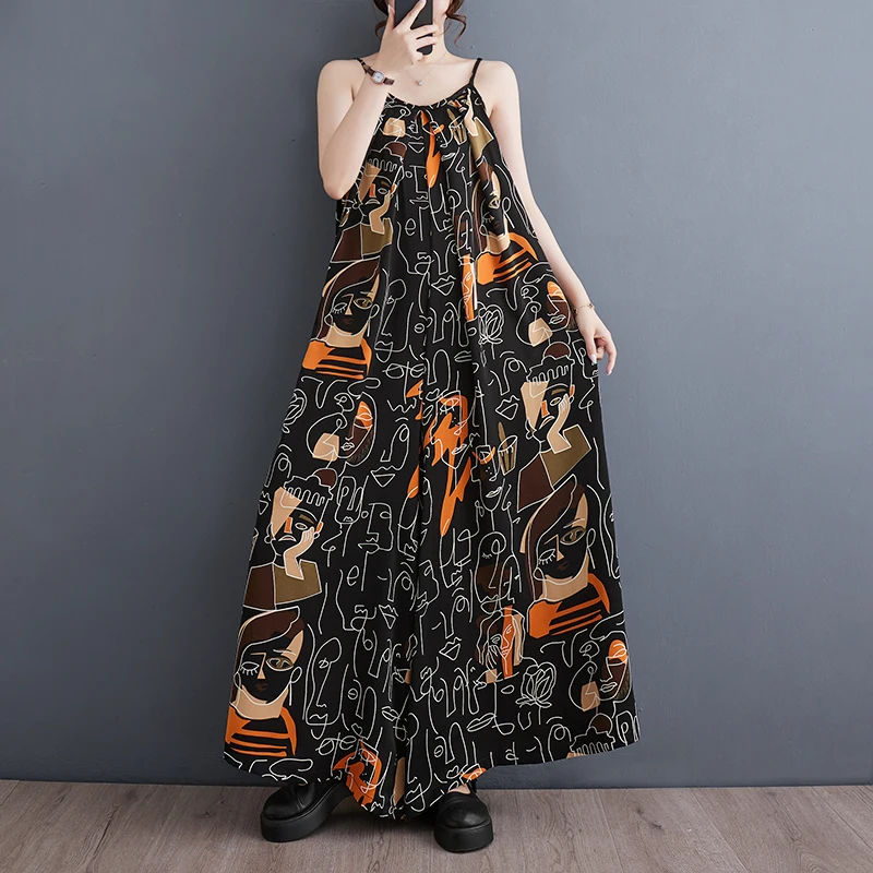 Fashionable Loose Chiffon Print One-Piece Wide Leg Pants Casual Versatile Holiday Style High Waist Long Pants for Women