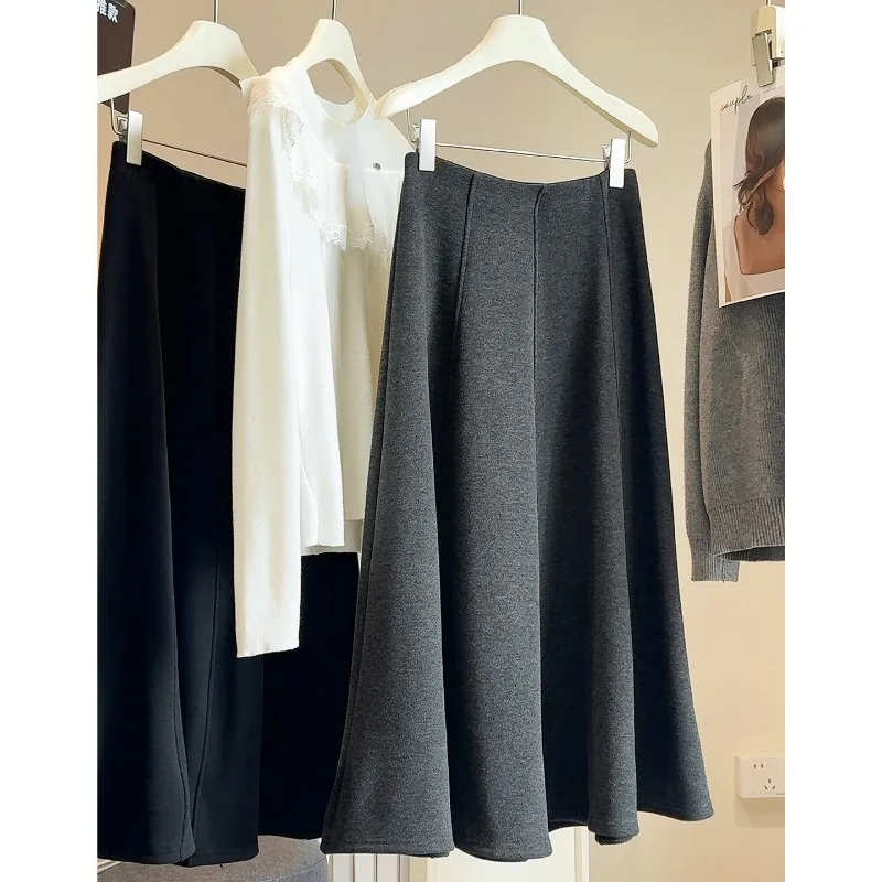 

2025 зимняя однотонная женская шерстяная женская юбка трапециевидной формы с высокой талией, утолщенная средней длины, новые элегантные повседневные женские юбки