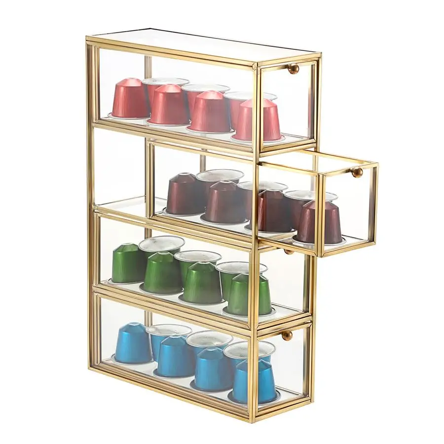 

Держатель для кофейных капсул с 4 ящиками, золотистый стеклянный органайзер для кофейных капсул K-Cup, прозрачный контейнер для хранения кофейных капсул.