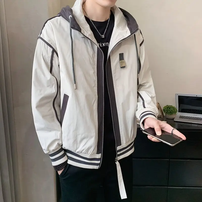 Spring Autumn Jackets Men Patchwork Zip Up Cargo Jacket Loose Casual Long Sleeve Hooded Tops Black White Green Men Clothing New