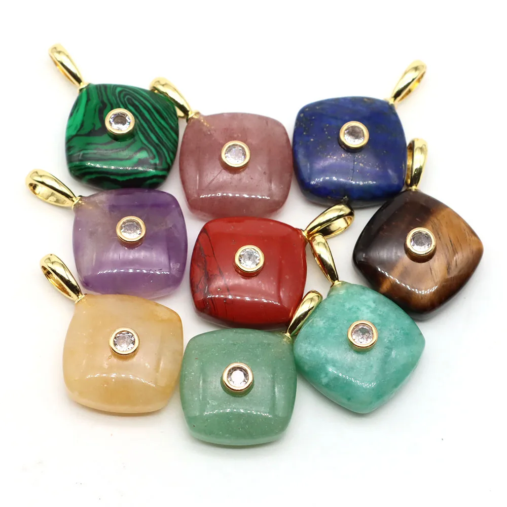 Rhombus Shape Natural Stones Crystals with White Zircon Amazonite Amethyst Carved Gemstone Charms