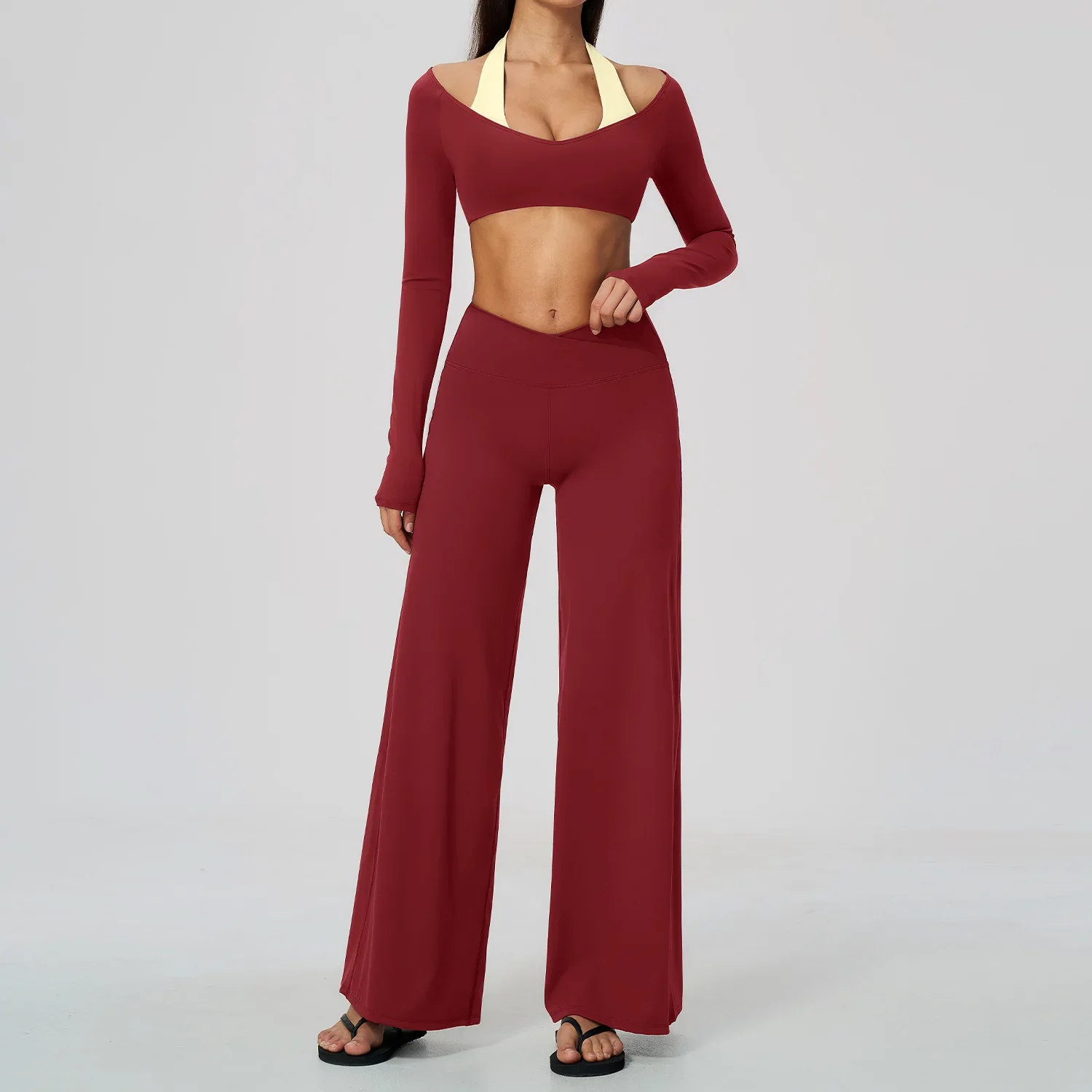 2 Piece Women Tracksuit Fitness Set Pilates Workout Clothing Yoga Set Sportswear Long Sleeve Top Wide Leg Pants Athletic Wear