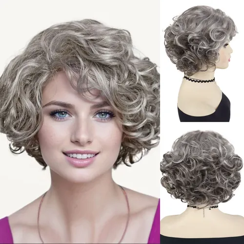 Imagen 2 del producto Pelucas rizadas cortas para mujer, pelo sintético, peluca gris con flequillo lateral, pelucas grises de Color degradado para mujer, disfraz de fiesta, Cosplay