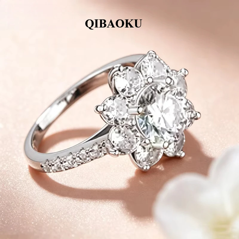 QIBAOKU 2ct 8mm Moissanite Engagement Ring for Women Sun Flower Wedding Sparkling Diamond Band S925 Sterling Silver Jewelry 2026