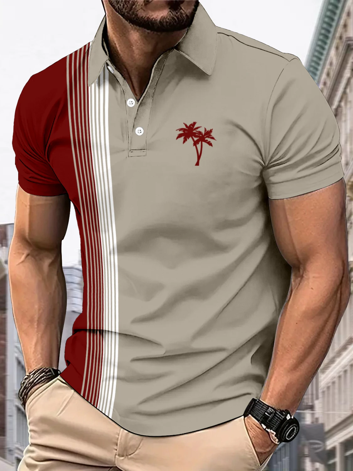 Summer men's cross-border short sleeved polo with fashionable print design lapel button polo that can be machine washed