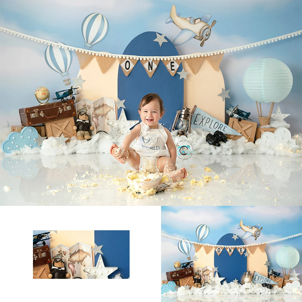 Vintage Airplane Themed Photography Backdrop Hot Air Balloons Suitcase Explore Baby Birthday Cake Smash Adventure Backgrounds