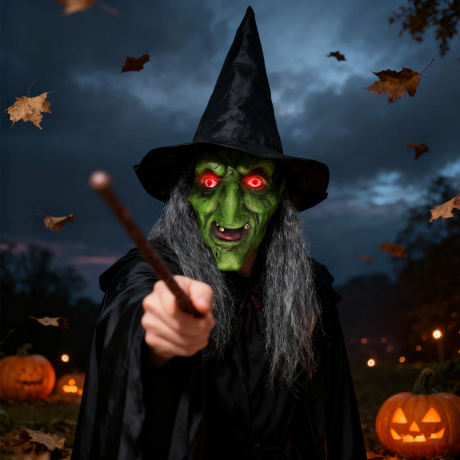 หน้ากากแม่มดโบราณสำหรับฮาโลวีน สีเขียวน่ากลัว หน้ากากแม่มดผู้แก่พร้อมผม หมวก แว่นตา เรืองแสง อุปกรณ์ประกอบคอสเพลย์ ชุดแม่มดสยองขวัญ แต่งหน้า