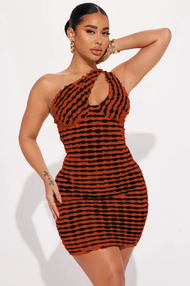 GUWU Een Schouder Uitsparing Mouwloze Gestreepte Midi Bodycon Mini Jurk Vrouwen Sexy Vestidos Mode Avondjurken