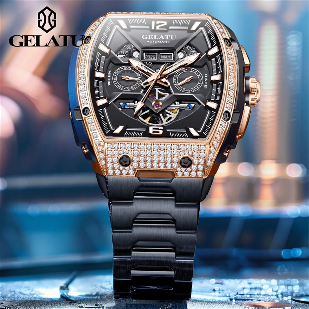 GELATU Brand Luxury Multifunctional Tourbillon Watch for Men Waterproof Luminous Fashion Black Steel Case Mechanical Watches