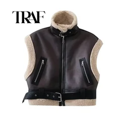 TRAF Women Fur Coat Vest Autumn Fashion Ladies Casual Commuter Zipper Comfortable Vest For Women's Chic Outwears