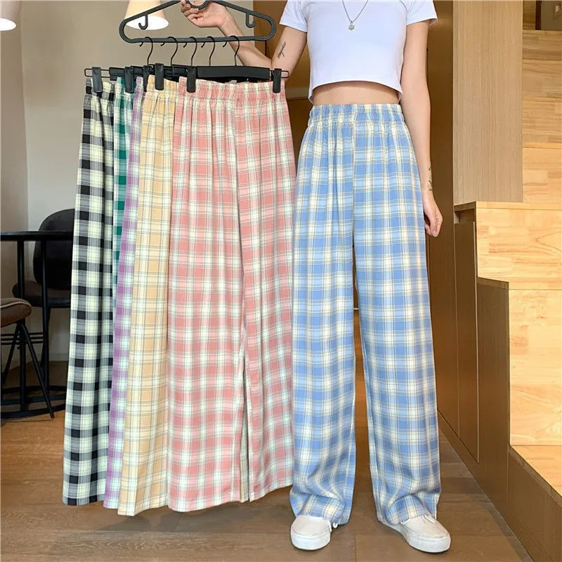 

2024 Summer women Plaid Wide-leg Pants Loose Thin Trousers Casual High-waisted Wide Leg Trousers Teens Hip Hop Straight Pants